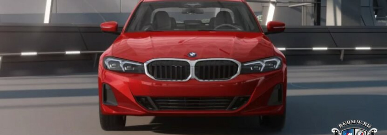 На видео 2023 BMW 330e LCI цвета Melbourne Red