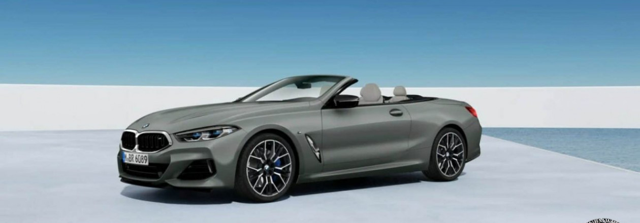 2023 BMW M850i кабриолет в цвете Frozen Pure Grey с голубой крышей